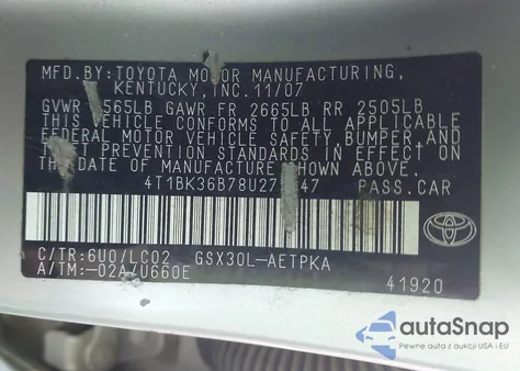2008 Toyota Avalon Limited from USA, damaged, VIN 4T1BK36B78U275247